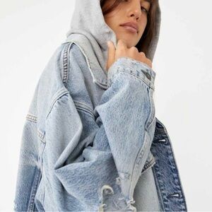 Free People We The Free Flawless Hooded Denim Jacket Oversized Distressed NWT SM